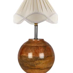 Devansh Off-White & Brown Textured Wooden Table Lamp With Cotton Shade image 4