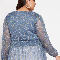 wild U Women Plus Size Blue & Mustard Yellow Floral Print Chiffon Cinched Waist Top image 4