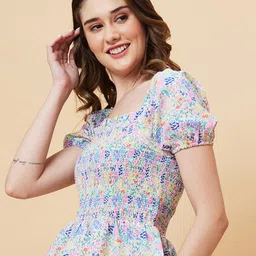 Globus Floral Printed Puff Sleeve Smocking Peplum Top image 4