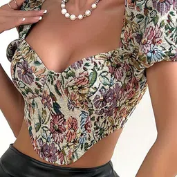 StyleCast Floral Printed Puff Sleeves Crop Corset Style Peasant Top image 3