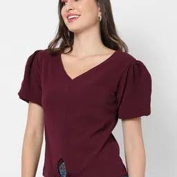 Campus Sutra Maroon Puff Sleeves Crepe Top image 4