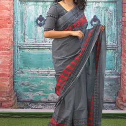 vaishnavi handicrafts Blocked Printed, Color Block, Floral Print, Printed Daily Wear Pure Cotton Saree-picture-11