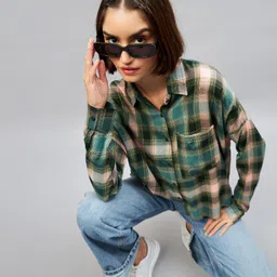 chimpaaanzee Women Oversized Fit Checkered Spread Collar Casual Shirt image 3