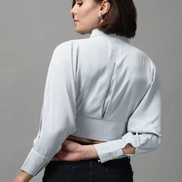 SHOWOFF Grey Crepe Shirt Style Crop Top image 4