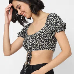 VASTRADO Black & Multicoloured Floral Print Puff Sleeves Crop Top image 4