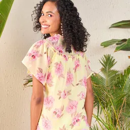 SASSAFRAS Yellow Floral Printed High Neck Flutter Sleeve Georgette Top image 5