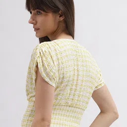 ELLE Checked Extended Sleeves Smocked Cinched Waist Crop Top image 2