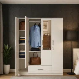 mintwud from pepperfry Kenzou 4 Door Wardrobe With Adjustable Shelves In Off White Finish With Mirror & Drawer-picture-28