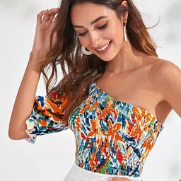 Stylecast X Slyck Floral Printed One Shoulder Smocked Crop Top image 4