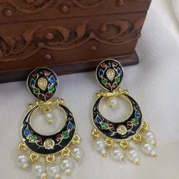 fashion theme Traditional Ethnic Earrings Pearl Jhumka Gold Plated Black Jhumkas for Women Pearl Brass Chandbali Earring, Drops & Danglers, Jhumki Earring-picture-21