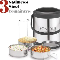 bonjour Globus Junior 3 | Insulated Tiffin | Office & Travel Use | BPA-Free 3 Containers Lunch Box image 1