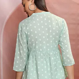 Vishudh Green Geometric Self Design Mandarin Collar Gathered or Pleated Cotton Peplum Top image 4