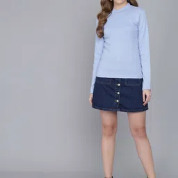 Q-rious Blue Solid High Neck Full Sleeves Top image 5
