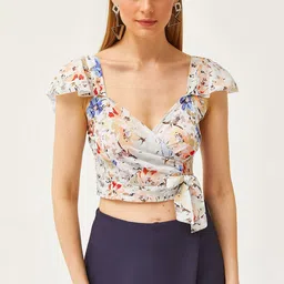 Olalook Floral Printed Sweetheart Neck Flutter Sleeve Wrap Crop Top image 5