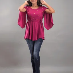 SHOOLIN Abstract Embroidered Slit Sleeves Cinched Waist Top image 4