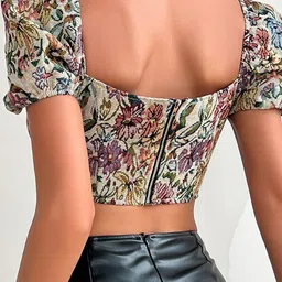 StyleCast Floral Printed Puff Sleeves Crop Corset Style Peasant Top image 2
