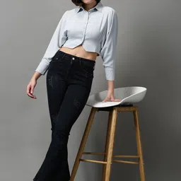 SHOWOFF Grey Crepe Shirt Style Crop Top image 5
