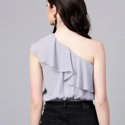 SASSAFRAS Women Grey Solid Layered Cropped Blouson Top image 4