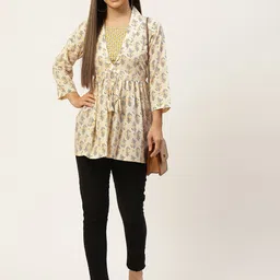 FERANOID Yellow & Black Print Cinched Waist Cotton Longline Top image 2