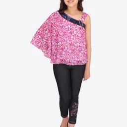 CUTECUMBER Girls Pink Floral Print One Shoulder Georgette Top image 3