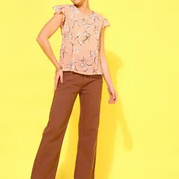 Oomph! Floral Printed Flutter Sleeve Ruffles Regular Top image 3