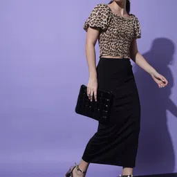 Slenor Animal Printed Puff Sleeve Georgette Crop Top image 5