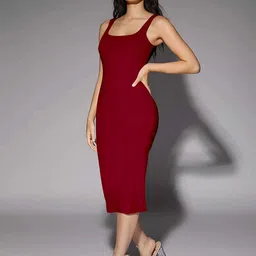design plus fashion Women Bodycon Maroon Midi/Calf Length Dress image 3