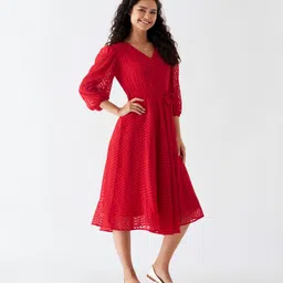 Women Fit and Flare Red Midi/Calf Length Dress-image-24