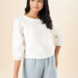 AKKRITI BY PANTALOONS Floral Embroidered Lace Inserts Puff Sleeve Cotton Top-picture-14