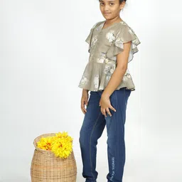 IDAA Girls Floral Printed V-Neck Flutter Sleeves Pure Cotton Peplum Top image 3