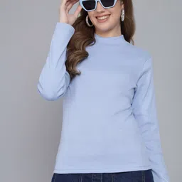 Q-rious Blue Solid High Neck Full Sleeves Top image 4