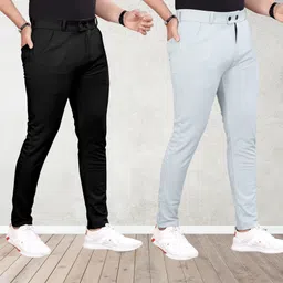vontade Pack of 2 Men Regular Fit Black, Grey Lycra Blend Trousers-picture-37
