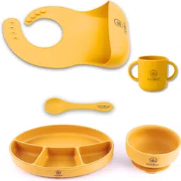 zozobaa Baby Feeding Set - Bib, Spoon, Open Handle Cup, Suction Base Oval Plate & Bowl - 100 % Food Grade Silicone-picture-32