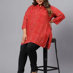 Indietoga Plus Size Print Mandarin Collar Three-Quarter Sleeves Longline Top image 4