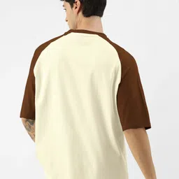 maniac Men Colorblock Round Neck Pure Cotton Beige, Brown T-Shirt image 3