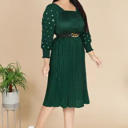 newsifa Women Fit and Flare Green Knee Length Dress image 4