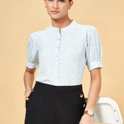 Annabelle by Pantaloons Geometric Printed Band Collar Puff Sleeves Shirt Style Top-picture-11