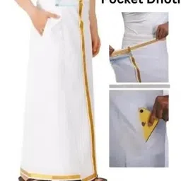 GUGOLIYA PREMIUM Adjustable Velcro White Pocket Dhoti with Gold Jari Border Solid Men Dhoti image 2