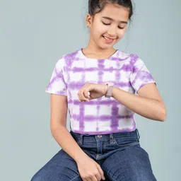 TWEENY MINI Tie and Dye Checked Short Sleeves Round Neck Cotton Crop Top image 4