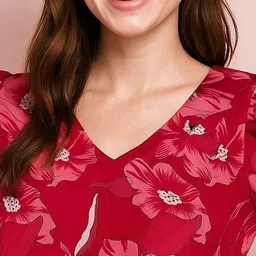 deewa Party Ruffled Sleeves Floral Print Women Red Top image 4
