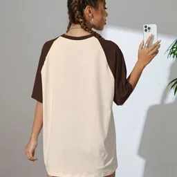 juneberry Women Printed Round Neck Pure Cotton Beige, Brown T-Shirt image 2
