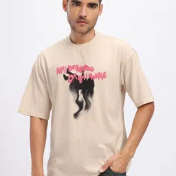 glitchez Men Printed Round Neck Cotton Blend Beige T-Shirt image 2