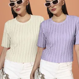 somvati Pack of 2 Women Self Design Round Neck Polyester Yellow T-Shirt image 1