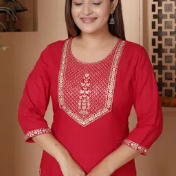 his&her Women Embroidered, Embellished Viscose Rayon Straight Kurta image 3