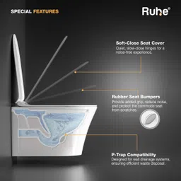 ruhe Noir White Two-Piece Rimless P-Trap Wall Hung Commode| High-Grade Ceramic | Soft-close Seat | Washdown Flush | Anti-bacterial Glaze | Wall Hung Western Commode image 5