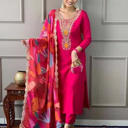 blue wish Women Cotton Rayon Kurta Pant Dupatta Set image 1