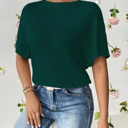 rahi trendz Casual Butterfly Sleeves Self Design Women Dark Green Top image 4