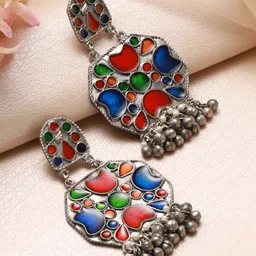 Sangria Silver-Plated Stone-Studded Oxidised Drop Earrings image 5