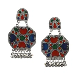 Sangria Silver-Plated Stone-Studded Oxidised Drop Earrings image 2