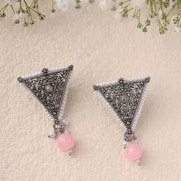 Priyaasi Silver-Plated Beads Beaded Triangular Oxidised Drop Earrings-picture-17